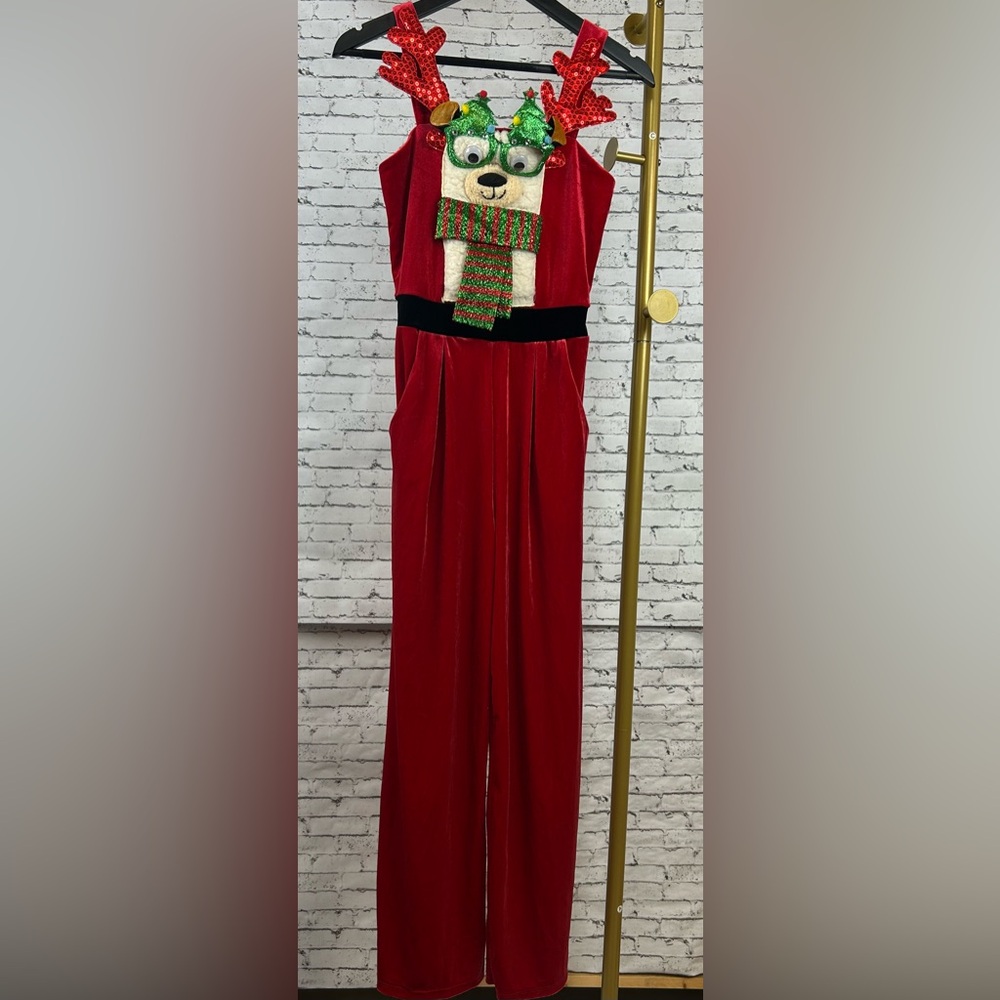 Born Famous | Festive Velvet Red Jumpsuit with Polar Bear with Antlers size XS